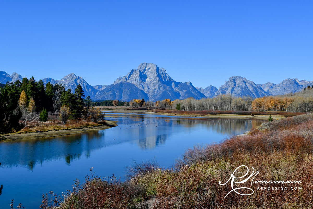 River valley with Tetons in October as backdrop