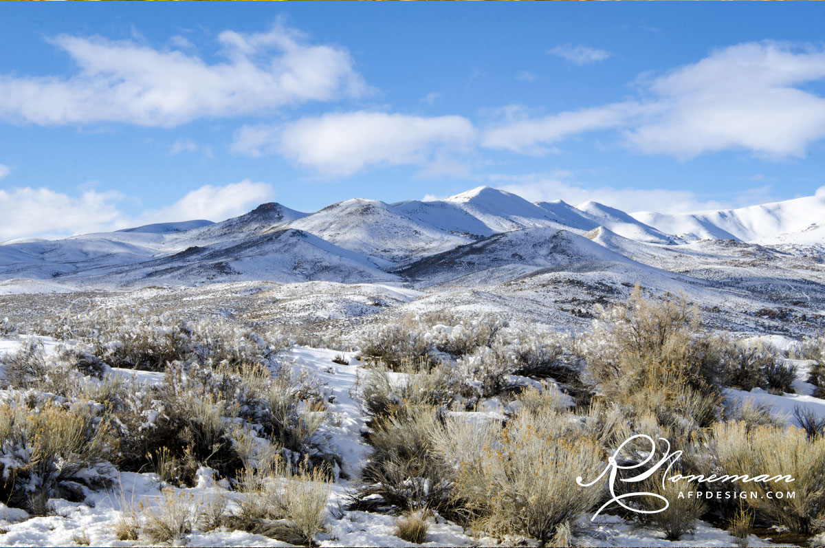 Snow covered hills and sage outside of Elko, Nevada
